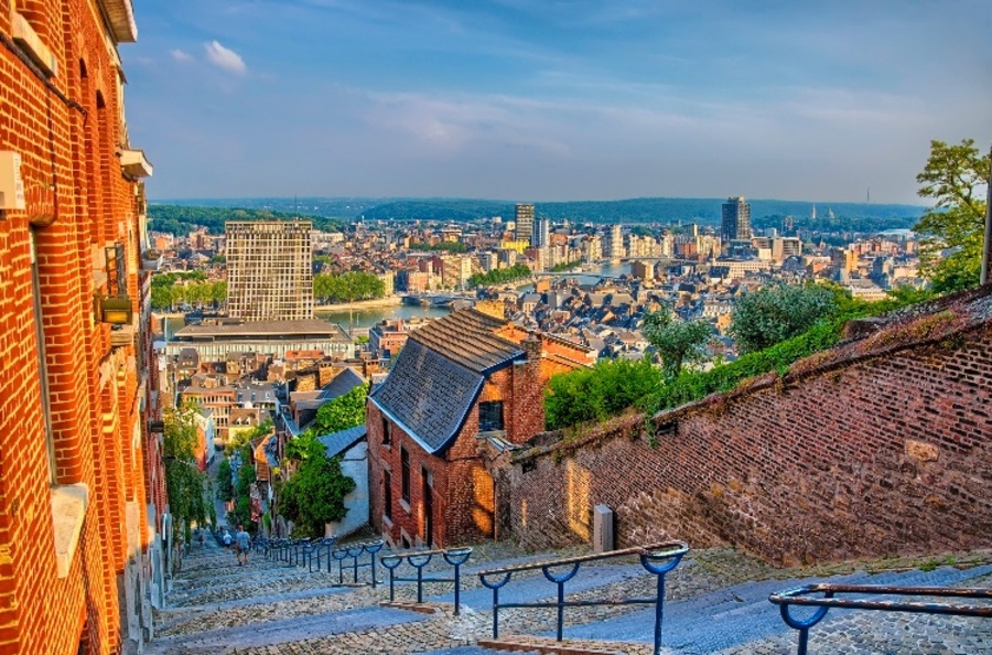  Vue de l'escalier de la Montagne de Bueren sur la ville de Liège, la Meuse et les forêts.