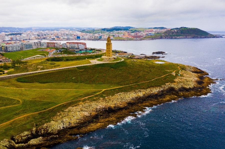 View of the Tower of Hercules and the bay of A Coruña